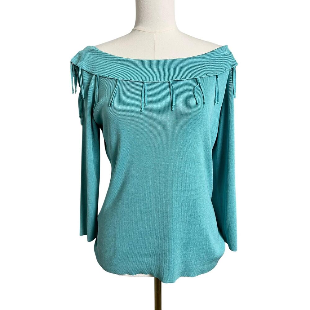 Nancy Bolen Silk Sweater Womens Medium Blue Tassel Rhinestone Boat Neck Knit